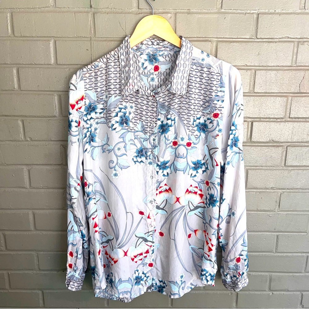 Johnny Was White and Blue Graphic Button Down Shirt